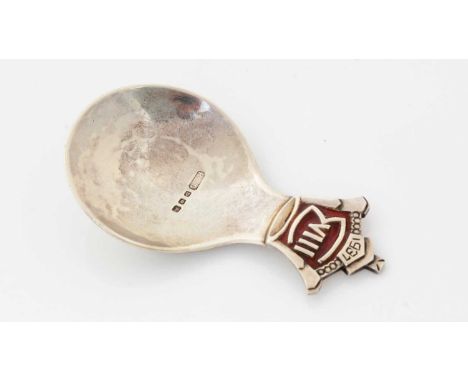 A commemorative silver caddy spoon, with red enamelled terminal, made for the coronation of King Edward VIII in 1937, by R. E