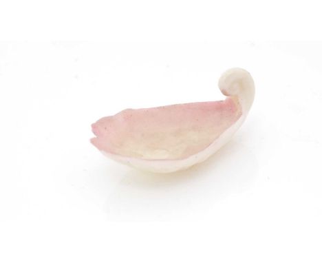 A rare Beleek porcelain caddy spoon, translucent cream colour with pink highlights and a shell bowl, unmarked, 4.3cms long.