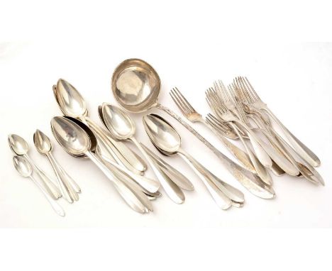 A quantity of Belgian silver flatware, most pieces with pointed ends, to include: nineteen tablespoons, ten table forks, eigh