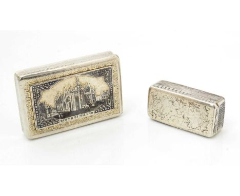 A mid-19th Century Austro-Hungarian silver snuff box, rectangular with engraved base and borderwork, the cover inset with a n