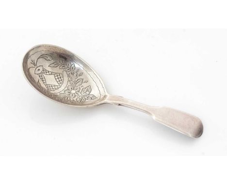 A George IV silver fiddle-pattern caddy spoon, engraved in the bowl with a basket of flowers, by Messrs Lias, London 1825, 9.