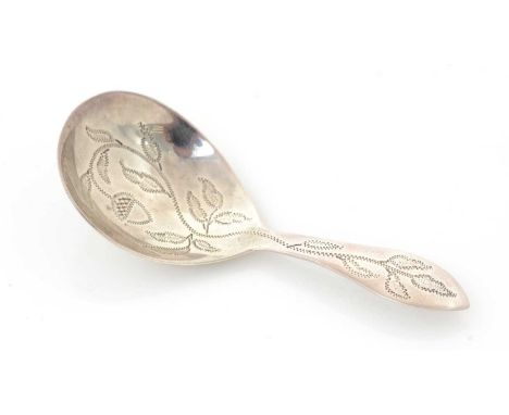 A George III small silver caddy spoon, engraved with wriggleworth leaves and an acorn in the bowl, by John Bourne, London 180