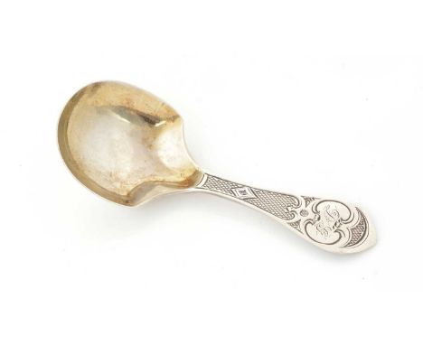 A Victorian silver caddy spoon, with an engraved stem; a “waisted” bowl, initialled by George Unite, Birmingham, 1859, 9cm lo