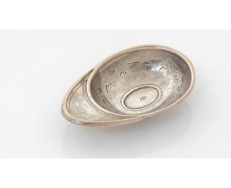 A George III silver 'jockey cap' caddy spoon, with engraved border decoration and a turn-over edge, maker’s mark only, by Sam