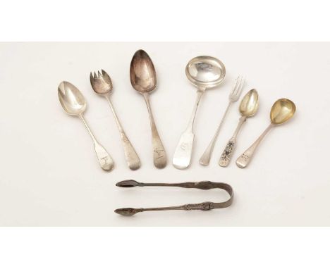 Silver spoons and flatware: A George III tablespoon, crested by Hester Bateman, London 1788; a fiddle thread and drop dessert