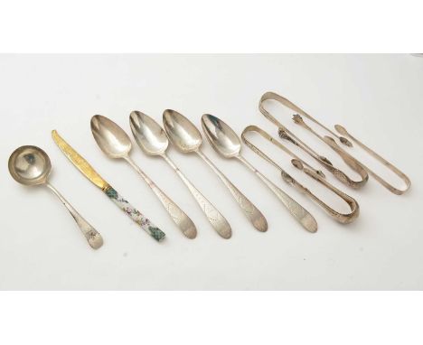 A mixed lot of silverware comprising: a pair of American silver sugar tongs with acorn bowls, by W.G. Forbes of New York C178