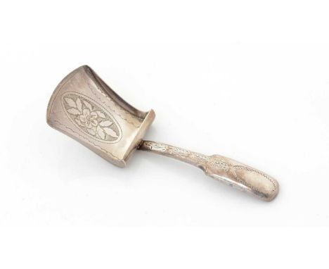 A George III silver caddy spoon, with engraved decoration, a hollow fiddle stem and a shovel-type bowl, by William Pugh, Birm