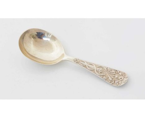 A Victorian silver caddy spoon, with relief and matted decoration on the stem, a plain bowl and a vacant cartouche by Francis