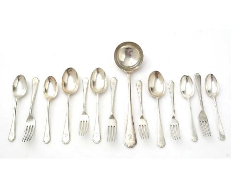 A George V silver part service of flatware, with shaped terminals and a channel border, to include: three tablespoons, three 