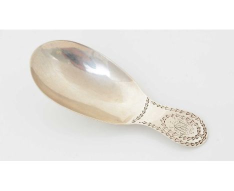 A George III silver caddy spoon, with bright engraving on the stem and on the back of the bowl, initialled, maker’s mark only