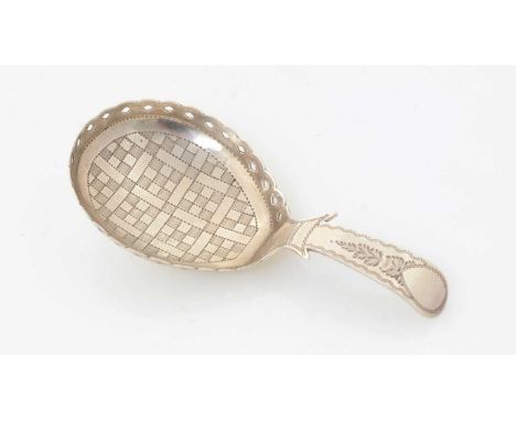 A George III silver caddy spoon, with engraving and a pierced gallery around the edge of the back, by Cocks &amp; Bettridge, 