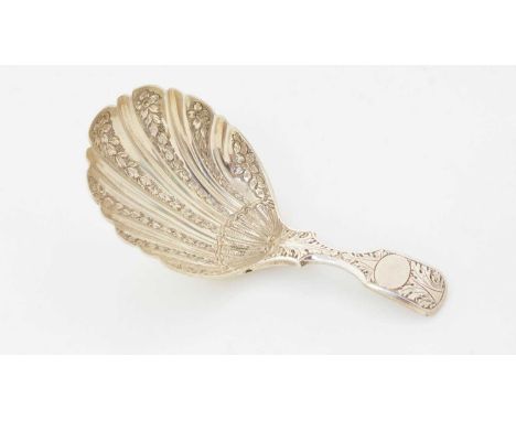 A William IV silver fiddle-pattern caddy spoon, with chased decoration by Elizabeth Eaton, London 1831, 8.5cm long, 0.6oz.