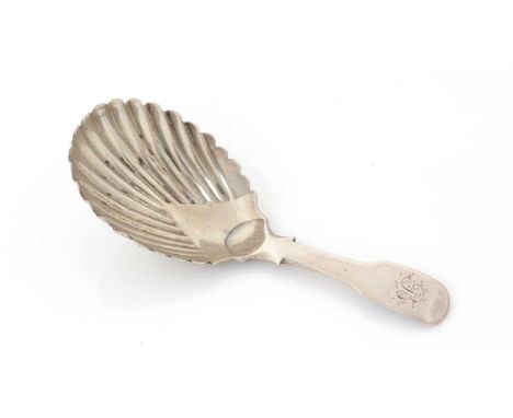 A George III Scottish provincial silver caddy spoon, fiddle-pattern with a part-fluted bowl, initialled, maker’s mark only “I