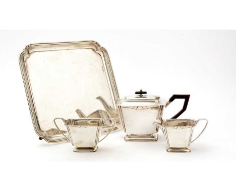 An art deco three-piece silver tea set, with tapering rectangular bodies and architectural detail, by H. Pidduck &amp; Sons, 