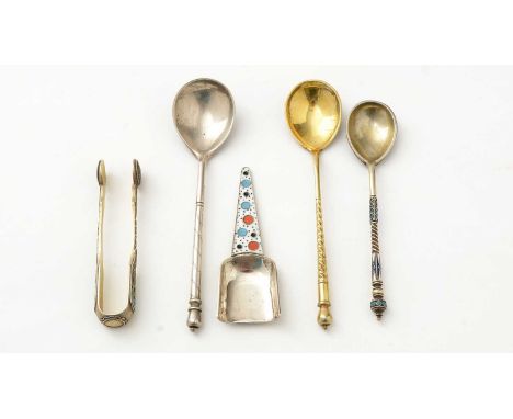 An assortment of Russian silver, comprising: a Russian neillo-work lemon teaspoon with chequer work and a vacant shield carto