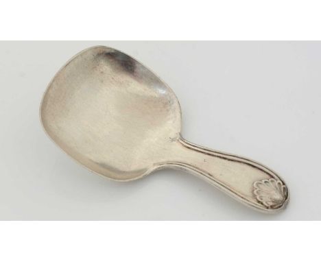 A rare Chinese export silver caddy spoon with a thread and shell terminal; and a rounded square bowl, maker's mark only "HC" 