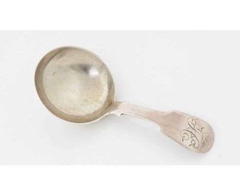 An early Victorian silver provincial caddy spoon, fiddle-pattern, with a circular bowl, initialled, by Peter Lambert of Berwi