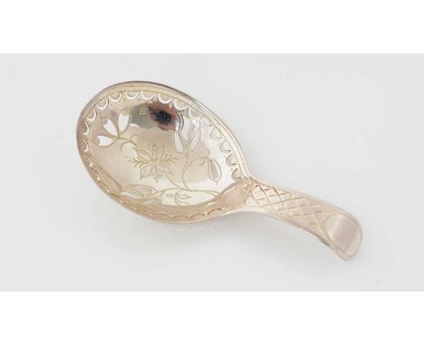 A George III silver caddy spoon, with an engraved stem and a pierced bowl, centred by a Wrigglesworth flower, by Samuel Pembe