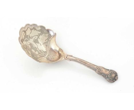 A George IV silver caddy spoon, with an engraved bowl and a hollow King’s pattern stem, by Joseph Taylor, Birmingham 1825, 9.