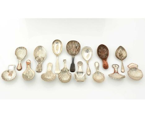 Fifteen various Old Sheffield plated caddy spoons, the largest one 10cms long. (15)