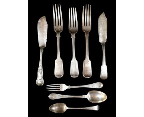 A group of assorted silver cutlery, including three forks, London 1871, two Victorian silver fish knives, JM co, Edinburgh 18