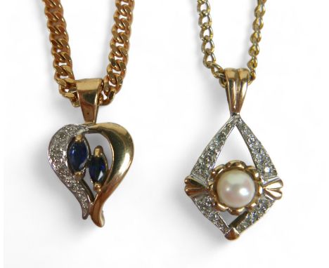 A 9ct gold, pearl and diamond pendant on gold metal chain, together with a 9ct gold chain with flat links, 9.0g, and a 9ct go
