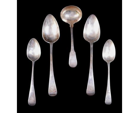 A group of five silver spoons, comprising two large serving spoons S.B / I.B, London 1814, small silver sauce ladle, TB, Lond