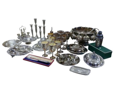 A collection of silver plate, including a Mappin &amp; Webb cocktail shaker, punch bowl with ladle and punch single handle pu