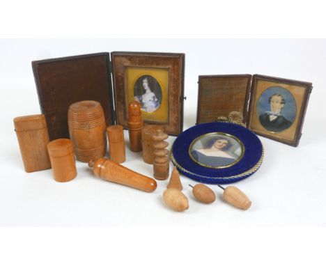 A collection of 19th century and later treen items, including needle cases, and a Bini barrel, together with a 19th century p