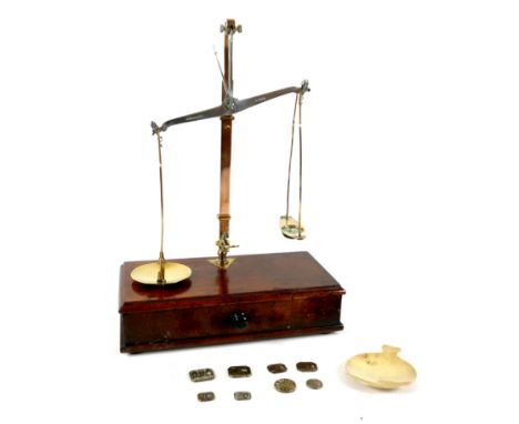 A set of Victorian W&amp;T Avery weighing scales, brass with mahogany base and single drawer, eight small cast brass weights,