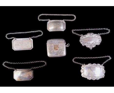 A group of three silver drinks decanter labels, comprising 'Claret', London 1922, 'Gin', WA, Birmingham 1976, and 'Rum', AM &