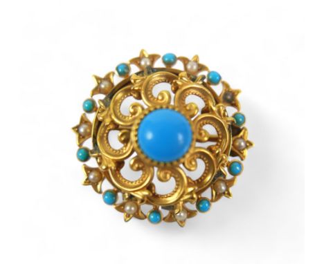 A 15ct yellow gold turquoise and pearl brooch, 8.7 grams, 32 by 14.5mm 