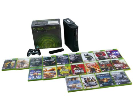 An Xbox 360 Elite gaming console with games and accessories, comprising twenty games, including Red Dead Redemption and Undea
