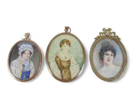 A 19th century portrait miniature of an older lady in lace and ribbon cap, lace fichu and blue dress, unsigned, plus portrait