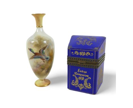 #CATALOGUE AMENDMENT# A Royal Worcester vase, hand painted with a mallard in flight by J A Stinton, 13.5cm high, signed, burg