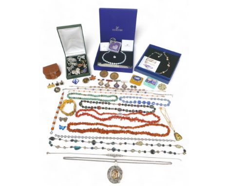 A Swarovski multi-color stone necklace, teardrop pendant and nail file, boxed, plus a quantity of assorted jewelry, mainly 20