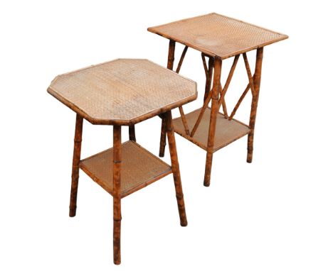 Two bamboo frame side tables, with wicker tops, largest of square form, 46 by 46 by 72cm high, the smaller octagonal form tab