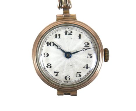 A 9ct yellow gold manual wind bracelet wristwatch, broken sprung strap, 25mm case, 19.8g.Notes: not running. 
