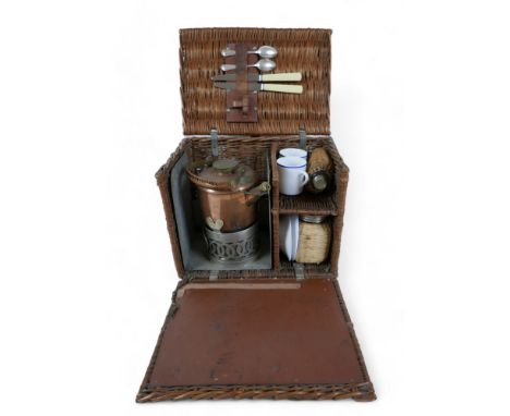 An early 1900's wicker En Route travelling tea/picnic/hamper set, with original kettle, burner, stand and infuser. Three asso