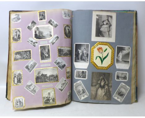A large Victorian scrap and decoupage album, with multiple pages including small engravings, hand painted pictures, watercolo