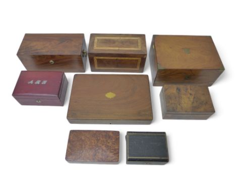 A collection of assorted wooden boxes, caddies and writing slopes, to include mahogany writing slope with brass corners, a/f,