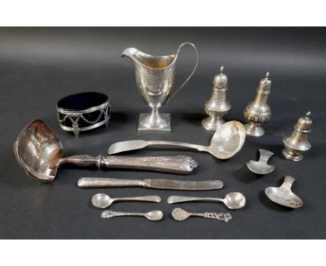 A George III silver square based jug, maker WH, hallmarked rubbed, with engraved owl armorial and bright-cut leaf decoration,