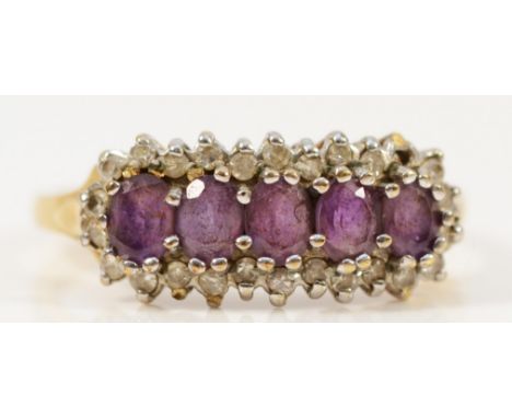 A 9ct gold amethyst five stone ring with diamond surround, one setting vacant, P, 2.4g