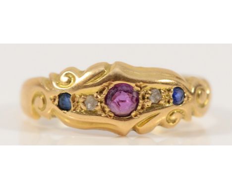 An 18ct gold antique rose cut diamond, ruby and sapphire ring, engraved "25-12-22" to the inner band, K 1/2, 1.8g