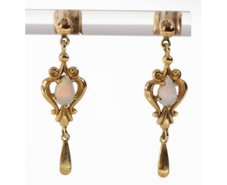 A pair of 9ct gold vintage style opal drop earrings, 30mm total drop, 1.8gnot hallmarked, chip to the top of one opal, otherw