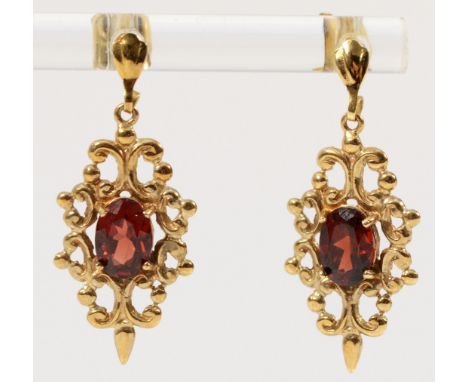 A pair of 9ct gold vintage style garnet patterned drop earrings with scroll backs, 27mm total drop, 2.2g