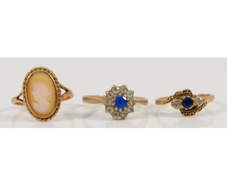 A 9ct gold shell cameo ring, K and two 9ct gold dress rings, 5.7gm