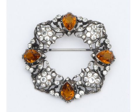 A vintage unmarked silver and paste set hoop brooch, 44mm, 13gm