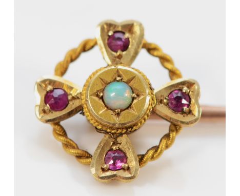 A 15ct gold Victorian opal and ruby stick pin with a 9ct gold pin, 55mm total length, 1.2g