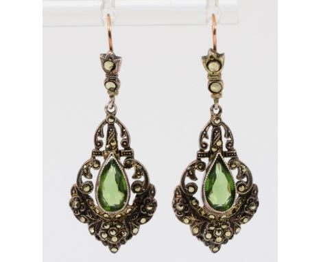 A pair of 9ct white gold and silver vintage green paste and marcasite drop earrings with hooks, 40mm total drop, 6.6g